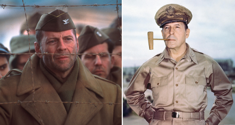 Bruce Willis y el general del ejército estadounidense Douglas MacArthur | Alamy Stock Photo